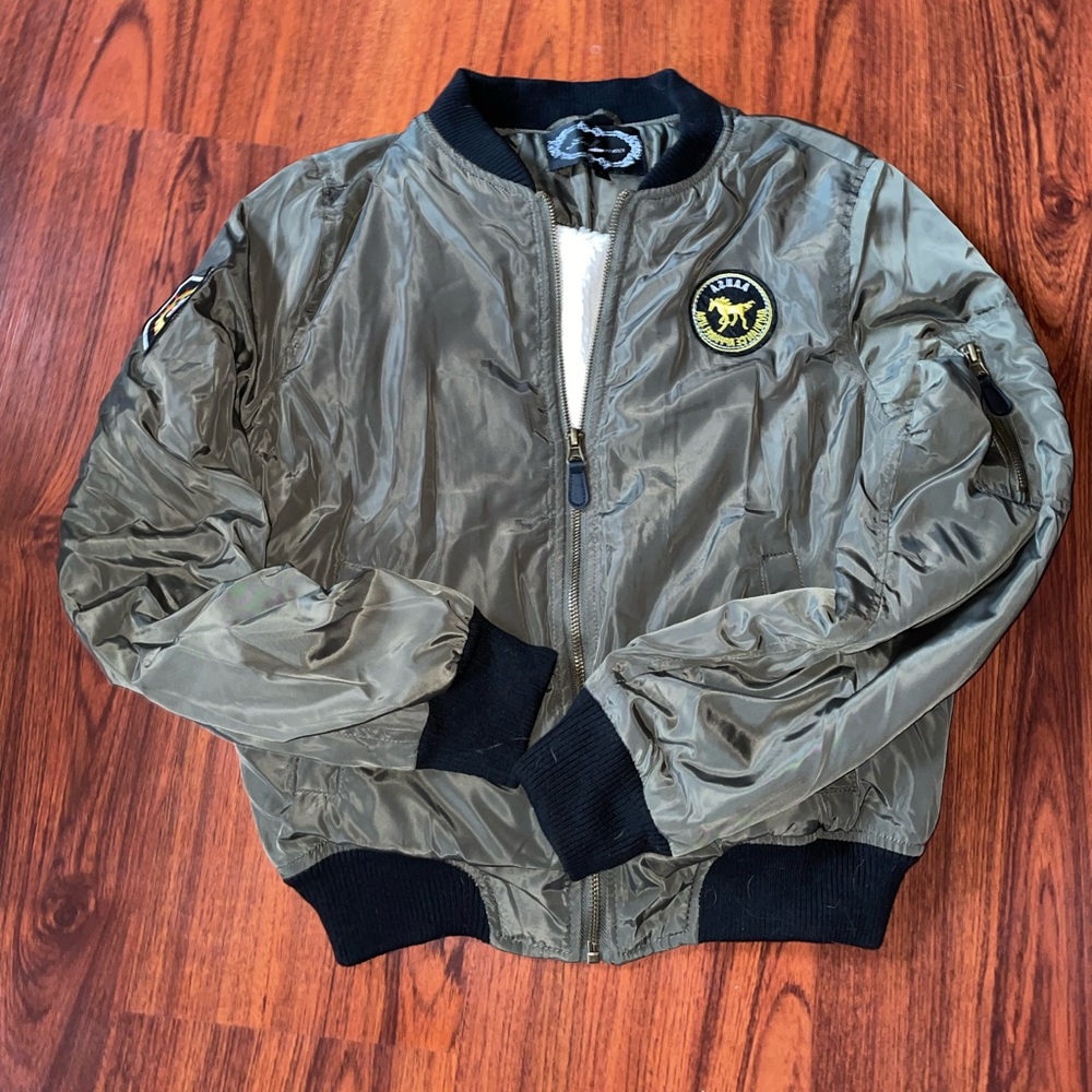 NWOT Green bomber jacket with patches